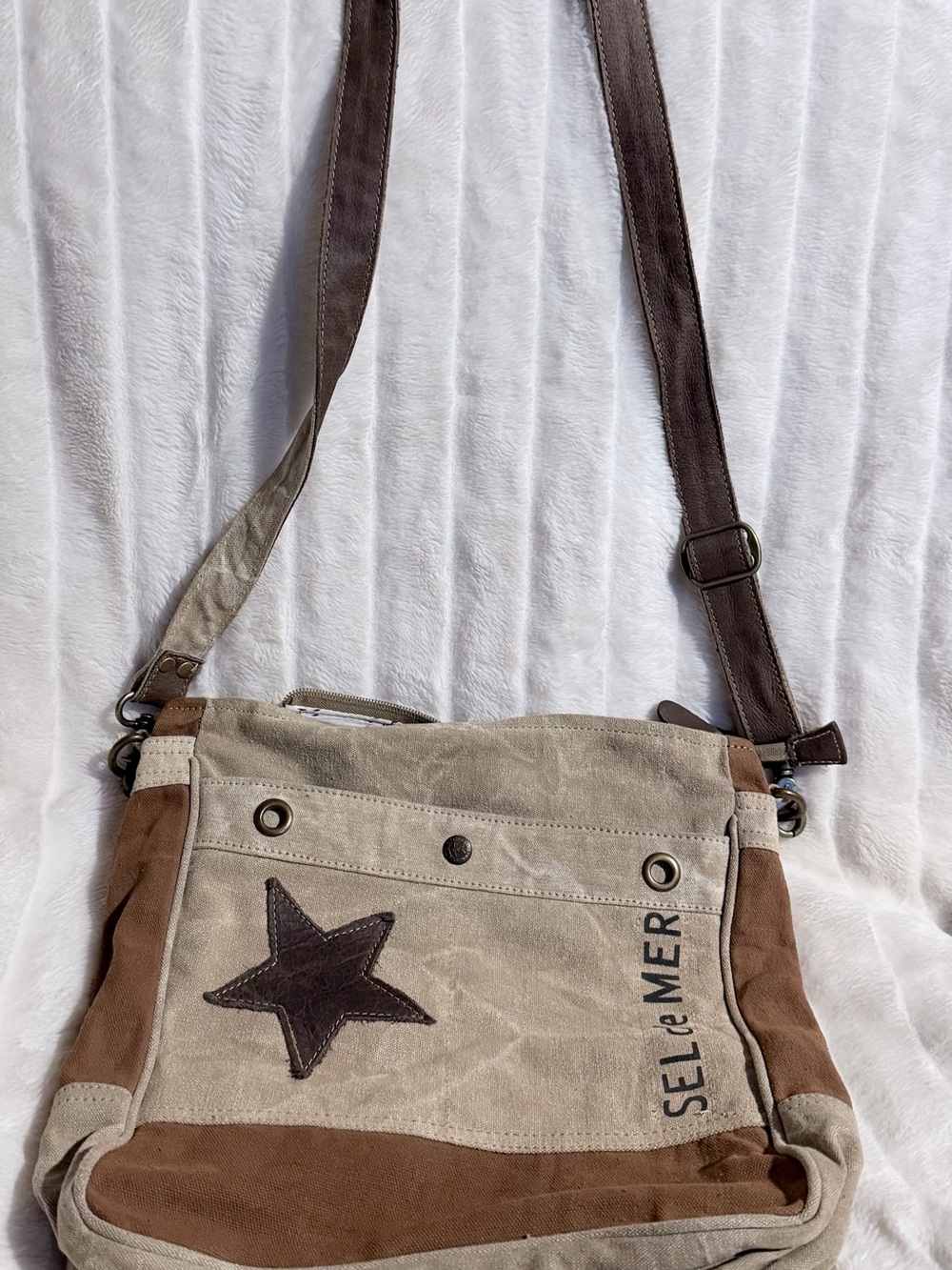Myra Beige and Brown Canvas Crossbody Bag